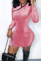 ピンクのエレガントなソリッドパッチワークハーフタートルネックペンシルスカートドレス