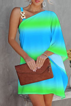 Kleur Mode Casual Geleidelijke verandering Print Backless Schuine kraag Onregelmatige jurk