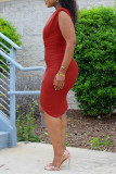 Vestidos de falda de un paso con cuello en V asimétrico con pliegues de patchwork sólido sexy rojo