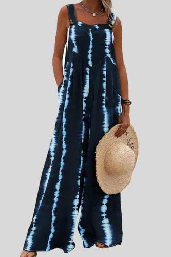 Blue Casual Print Patchwork Loose Jumpsuits