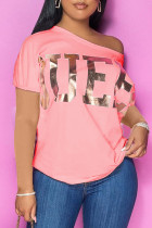 Camisetas casuales con cuello oblicuo de patchwork bronceado rosa