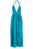 Небесно-голубой сексуальный принт в стиле пэчворк с открытой спиной и лямкой на шее платья линии