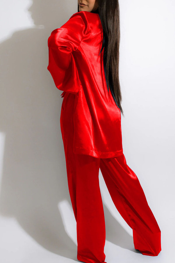 Красный сексуальный сплошной лоскутный отложной воротник с длинным рукавом из трех частей