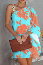 Blauw oranje mode casual print patchwork rits kraag onregelmatige jurk