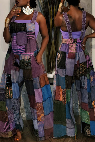 Purple Fashion Casual Street Print Patchwork Spaghetti Strap Loose Jumpsuits
