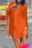 タンジェリンレッドファッションカジュアルソリッドタッセルパッチワークVネックストレートドレス