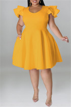 Gele mode casual effen patchwork O-hals jurk met korte mouwen Grote maten jurken