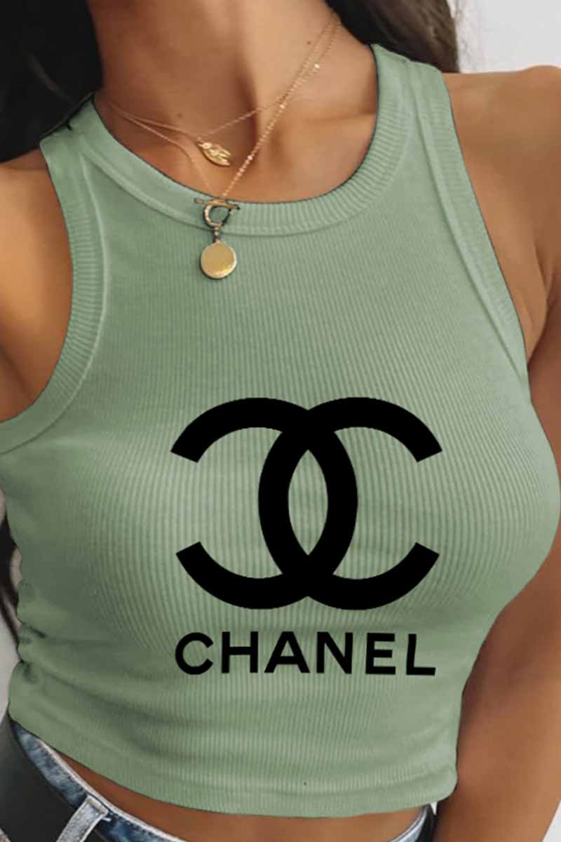 

Light Green Fashion Street Print Letter O Neck Tops