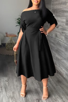 Schwarzes, lässiges, elegantes, solides Patchwork-Kleid mit Kordelzug und schrägem Kragen