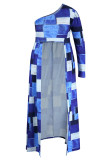 Vestido azul casual estampa xadrez patchwork assimétrico gola oblíqua irregular vestidos plus size