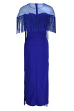 ブルーファッションセクシープラスサイズソリッドタッセルパッチワークスリットOネックイブニングドレス