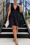 Black Fashion Casual Solid Patchwork V Neck Sleeveless Dress
