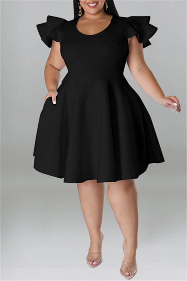 Zwarte mode casual effen patchwork O-hals jurk met korte mouwen Grote maten jurken