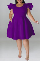 Vestido de manga corta con cuello en O de patchwork sólido informal de moda púrpura Vestidos de talla grande
