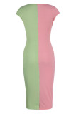 Розовое модное сексуальное однотонное лоскутное платье с v-образным вырезом и коротким рукавом