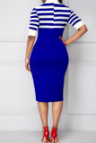 Blue Casual Print Patchwork Buttons Slit V Neck One Step Skirt Dresses