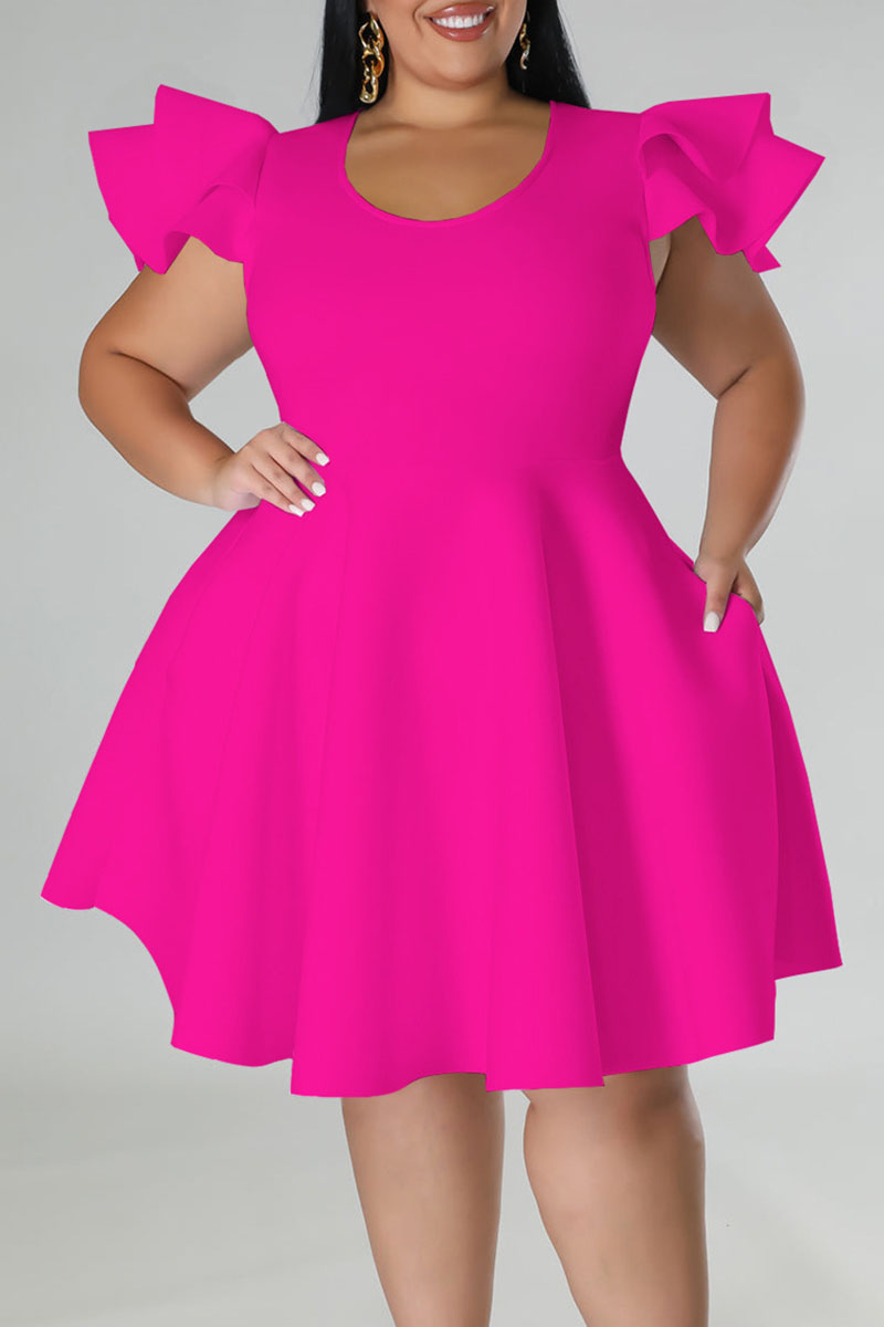 

Rose Red Casual Solid Patchwork Flounce O Neck A Line Plus Size Dresses