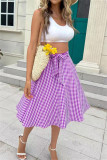 Purple Fashion Casual Plaid Print Patchwork Regular High Waist Skirt