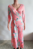 Macacão rosa moda casual estampa patchwork decote em v regular