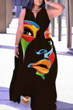 Black Rainbow Fashion Casual Plus Size Print Patchwork V Neck Sleeveless Tank Loose Maxi Dress