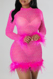 Розово-красные модные сексуальные лоскутные прозрачные платья с длинным рукавом и круглым вырезом