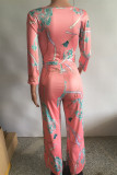 Macacão rosa moda casual estampa patchwork decote em v regular