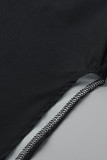 Robe chemise noire à col rabattu et imprimé patchwork décontracté