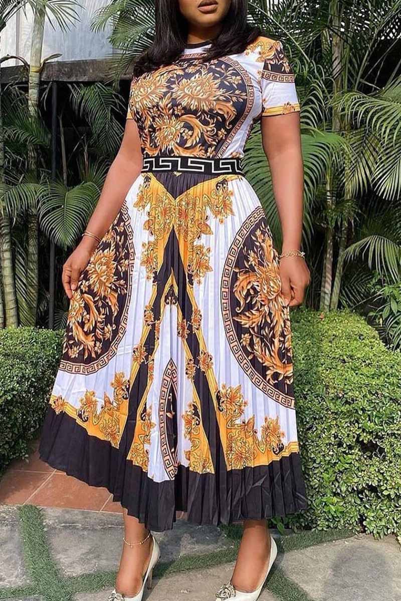 Black Fashion Elegant Print Patchwork O Neck Pleated Dresses