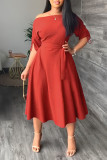 Vestidos de gola oblíqua vermelho casual elegante patchwork com cordão dobrado
