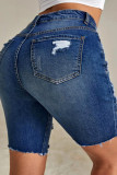 Mörkblå Mode Casual Solid Ripped High Waist Skinny Denim Shorts