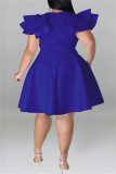 Vestido azul moda casual patchwork sólido decote oco manga curta vestidos plus size