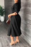 Schwarzes, lässiges, elegantes, solides Patchwork-Kleid mit Kordelzug und schrägem Kragen
