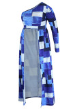 Vestido irregular de cuello oblicuo asimétrico de retazos con estampado de tela escocesa informal burdeos Vestidos de talla grande