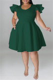 イエローファッションカジュアルソリッドパッチワークOネック半袖ドレスプラスサイズのドレス