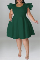 インクグリーンファッションカジュアルソリッドパッチワークOネック半袖ドレスプラスサイズのドレス