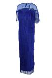 Blaue Mode Sexy Plus Size Solide Quaste Patchwork Schlitz O-Ausschnitt Abendkleid