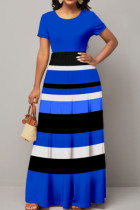 Blaue, lässige, elegante, gestreifte Patchwork-Kleider mit O-Ausschnitt und A-Linie