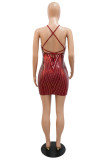 Burgundy Fashion Sexy Patchwork Sequins Backless Cross Straps Spaghetti Strap Sleeveless Dress