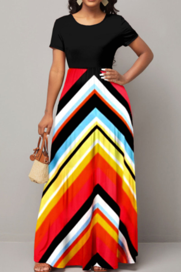 Black Casual Elegant Striped Print Patchwork O Neck A Line Dresses