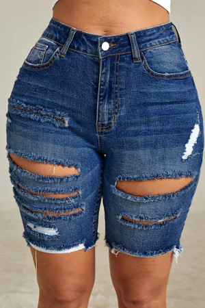 Dark Blue Fashion Casual Solid High Waist Raw Hem Ripped Skinny Denim Shorts