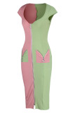 ピンクのファッションセクシーなソリッドパッチワークVネック半袖ドレス