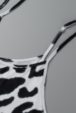 Black White Fashion Sexy Casual Print Leopard Backless Spaghetti Strap Long Dress