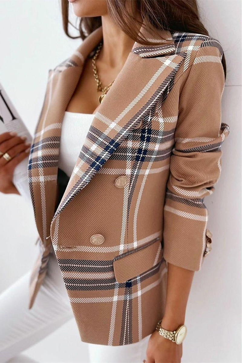 

Light Coffee Fashion Casual Print Patchwork Slit Turn-back Collar Outerwear