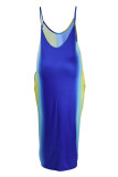 Blauwe sexy casual plus size print backless spaghetti band lange jurk