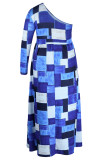 Vestido irregular de cuello oblicuo asimétrico de patchwork con estampado de cuadros casual azul Vestidos de talla grande