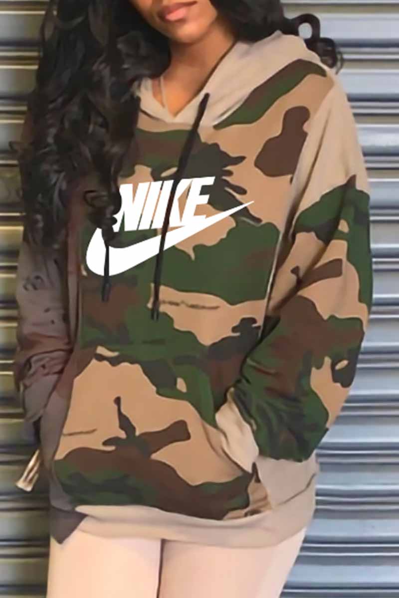 

Camouflage Fashion Casual Camouflage Print Letter Hooded Collar Tops