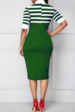 Green Casual Print Patchwork Buttons Slit V Neck One Step Skirt Dresses