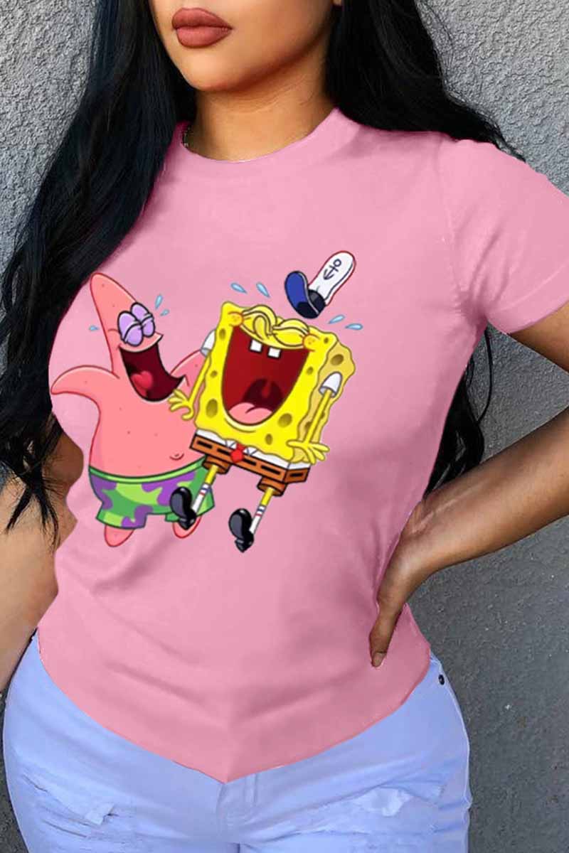 

Pink Fashion Street Character Patchwork O Neck T-Shirts