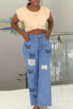 Blå Casual Street Print Ripped Patchwork Slits Denim Jeans med hög midja