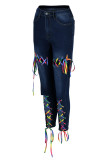 Lichtblauwe modieuze casual effen bandage skinny jeans met hoge taille
